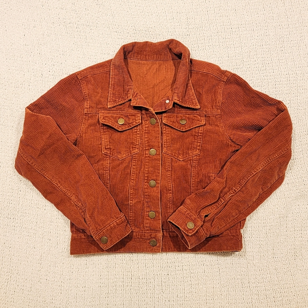 Vintage Women's Brown Orange Rust Button Down Warm Corduroy Shirt Jacket Size S